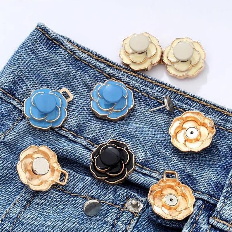 Jeans Waist Button Buckle-2Pcs Camellia Waistband Tightener Adjuster Hook and Eye Clip Clasp Pins for Pant/Skirt/Collar