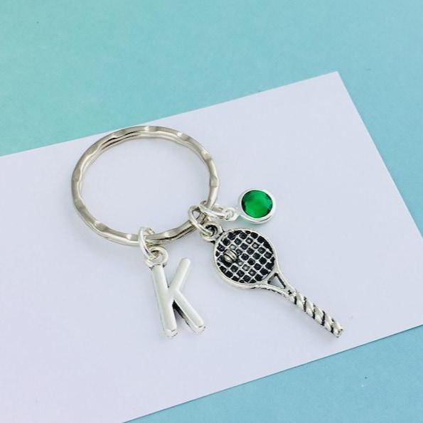 Personalized Tennis Racket Keyring Custom Tennis Racket Keychain with Initial and Birthstone Tennis Player Gift