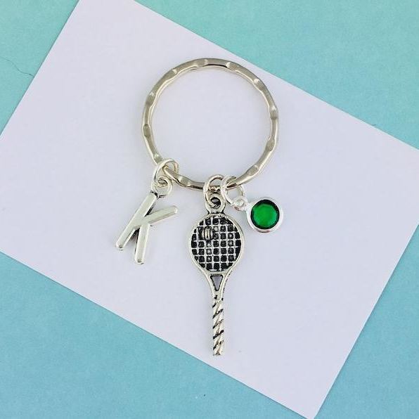 Personalized Tennis Racket Keyring Custom Tennis Racket Keychain with Initial and Birthstone Tennis Player Gift