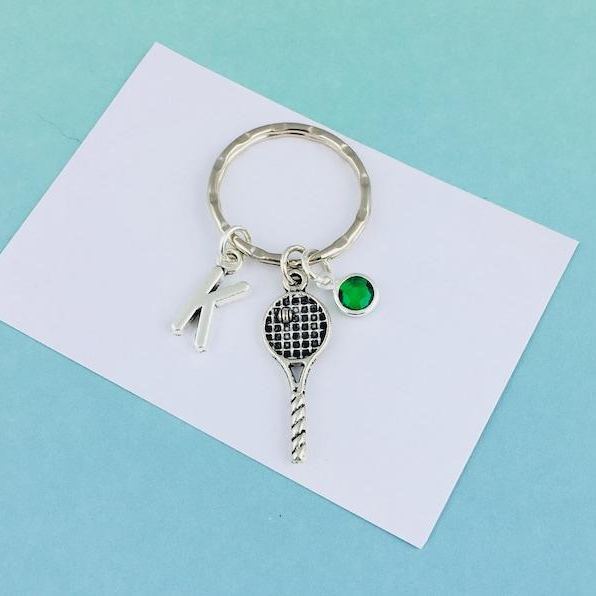 Personalized Tennis Racket Keyring Custom Tennis Racket Keychain with Initial and Birthstone Tennis Player Gift