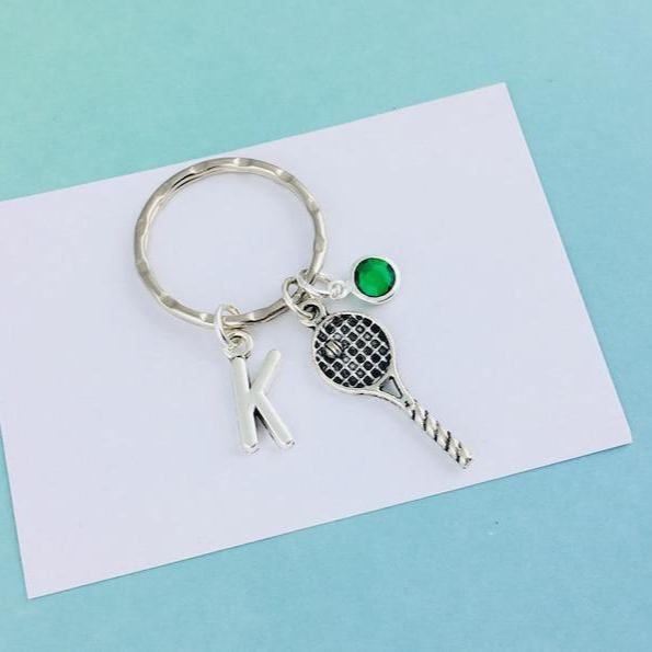 Personalized Tennis Racket Keyring Custom Tennis Racket Keychain with Initial and Birthstone Tennis Player Gift