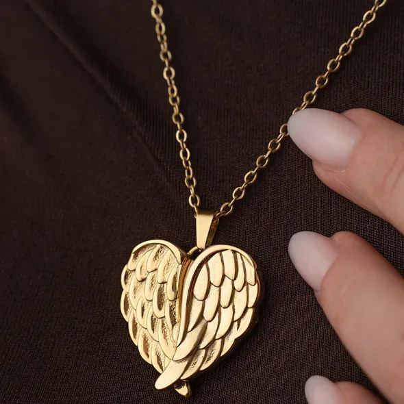 Custom Engraved Angel Wings Necklace Personalized Memorial Pendant with Engraved Text Inside Symbol of Love, Protection & Eternal Connection