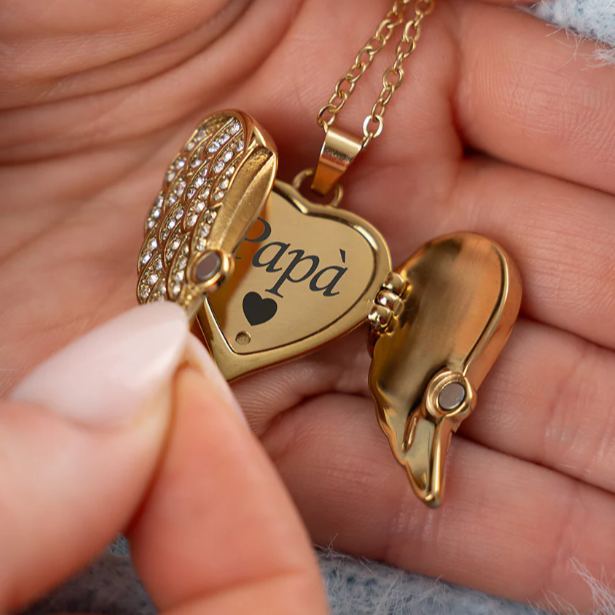 Custom Engraved Angel Wings Necklace Personalized Memorial Pendant with Engraved Text Inside Symbol of Love, Protection & Eternal Connection