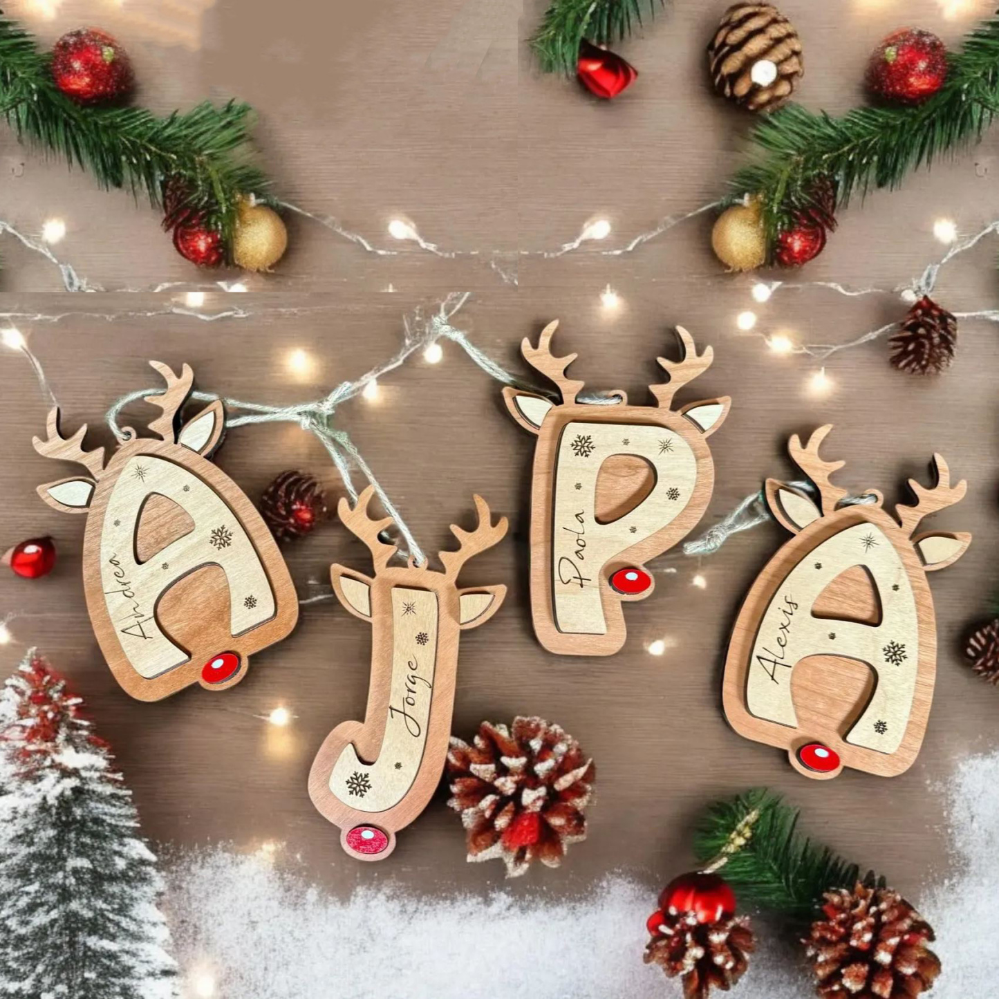 Personalized Reindeer Letter Ornament Custom Name Christmas Initial Ornament Retro Wood Reindeer Decor