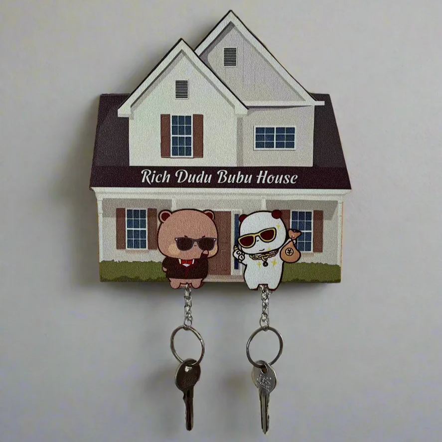 Personalzied Cute Bear Wooden Keychain Holder Custom Puzzle-Style Key Organizer Rich Bear Couple Wall Key Holder