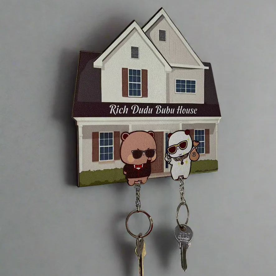 Personalzied Cute Bear Wooden Keychain Holder Custom Puzzle-Style Key Organizer Rich Bear Couple Wall Key Holder