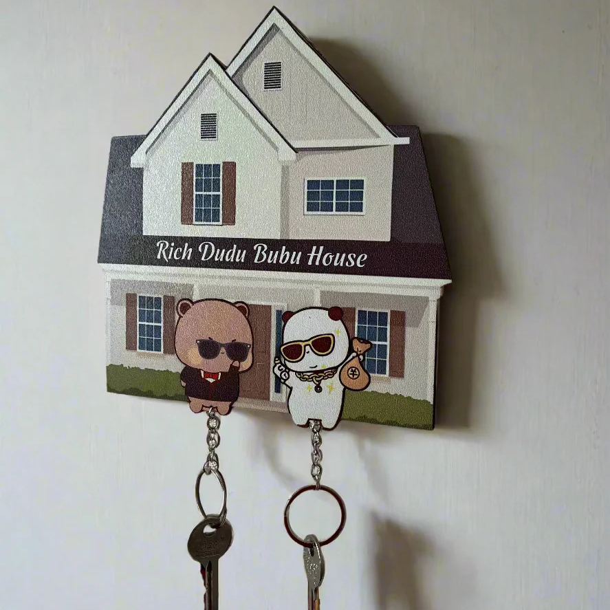 Personalzied Cute Bear Wooden Keychain Holder Custom Puzzle-Style Key Organizer Rich Bear Couple Wall Key Holder