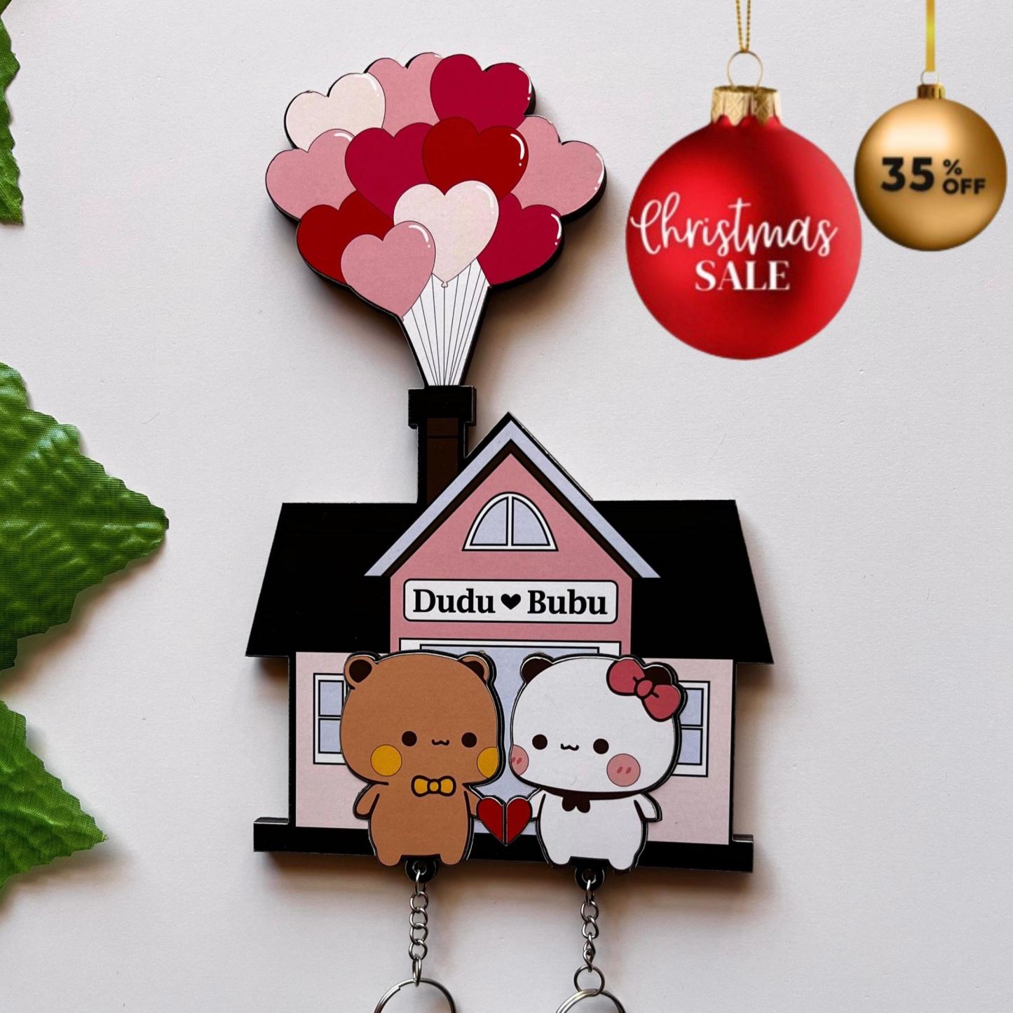 Personalized Cute Bear Couple Key Holder  Wooden House Key Organizer for Two Custom Name Couple Key Holder
