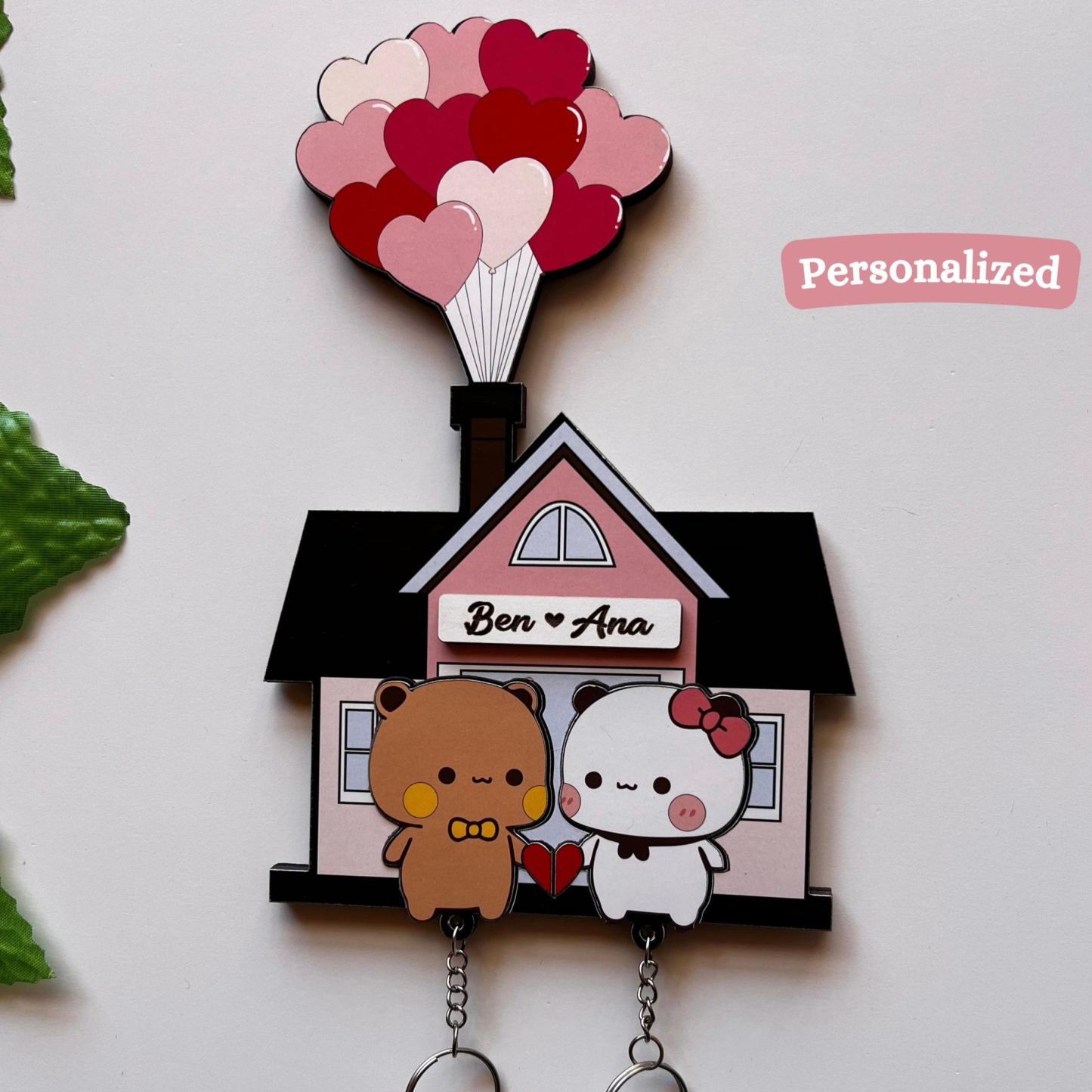 Personalized Cute Bear Couple Key Holder  Wooden House Key Organizer for Two Custom Name Couple Key Holder