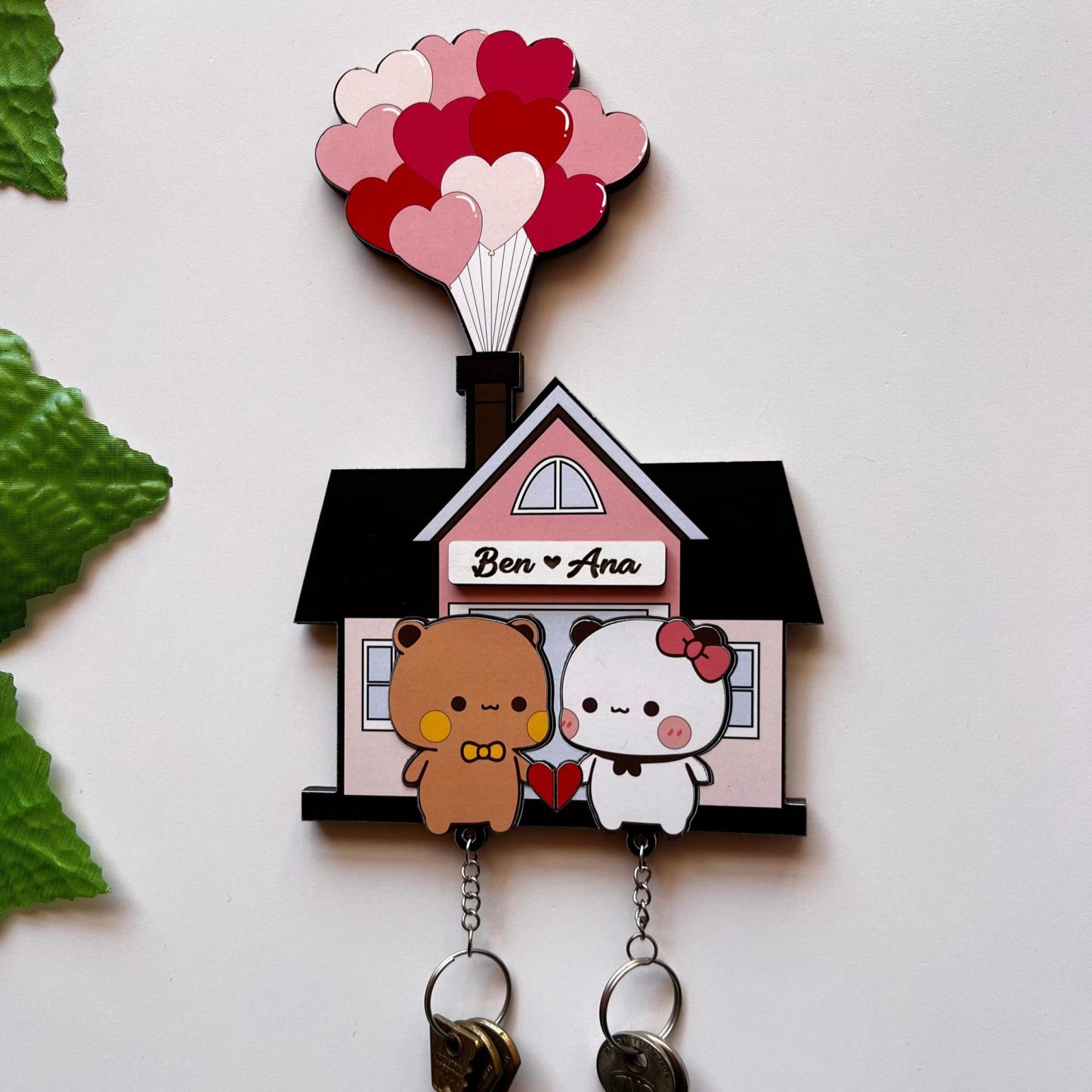 Personalized Cute Bear Couple Key Holder  Wooden House Key Organizer for Two Custom Name Couple Key Holder