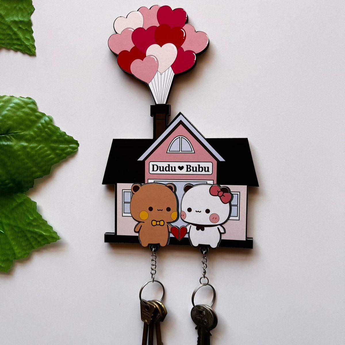 Personalized Cute Bear Couple Key Holder  Wooden House Key Organizer for Two Custom Name Couple Key Holder