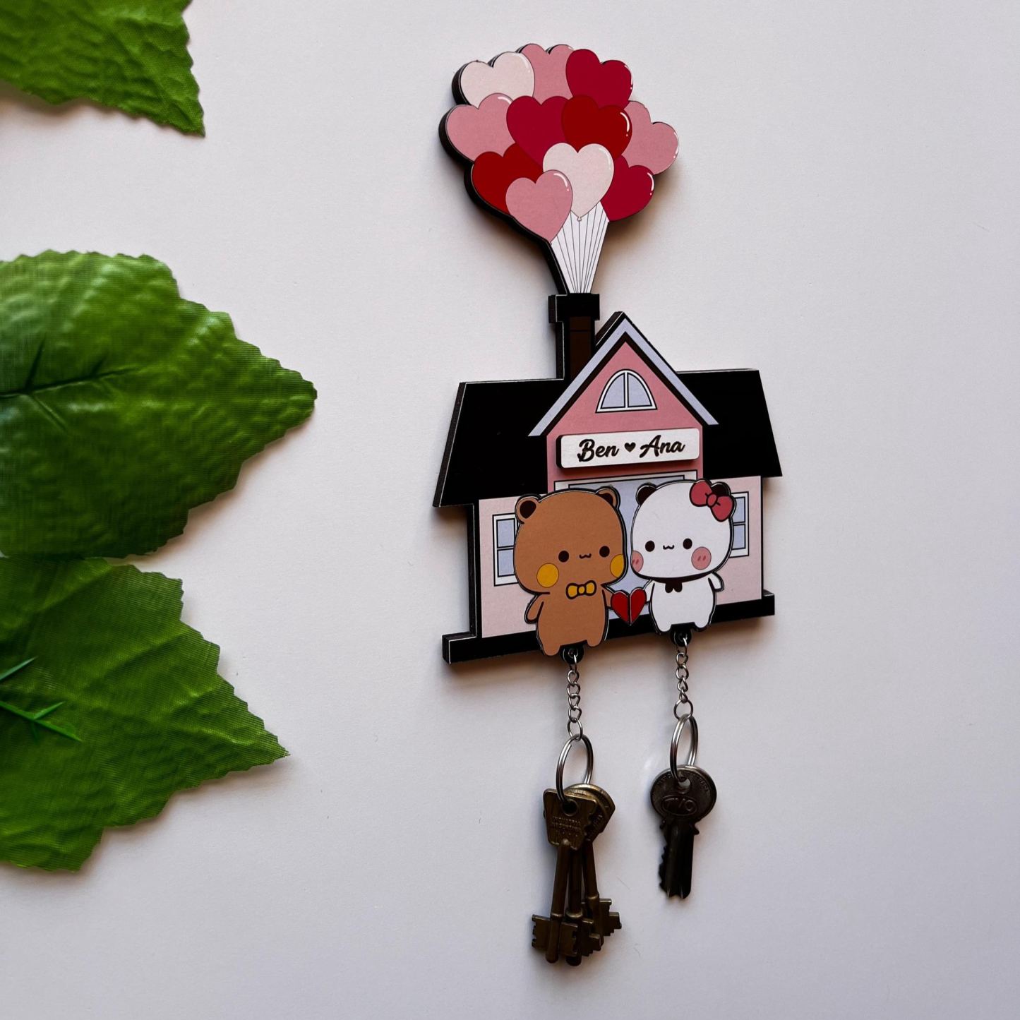 Personalized Cute Bear Couple Key Holder  Wooden House Key Organizer for Two Custom Name Couple Key Holder