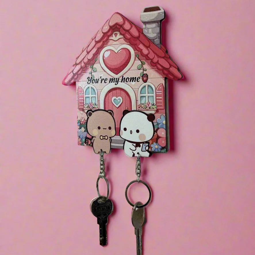 Custom Cute Bear Couple Keychain Holder Personalized Cute Bear Wall Key Hanger High-Quality Wood Bear Key Organizer