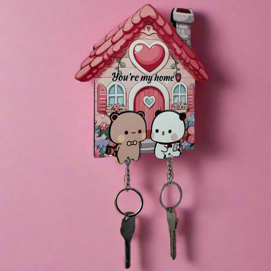Custom Cute Bear Couple Keychain Holder Personalized Cute Bear Wall Key Hanger High-Quality Wood Bear Key Organizer
