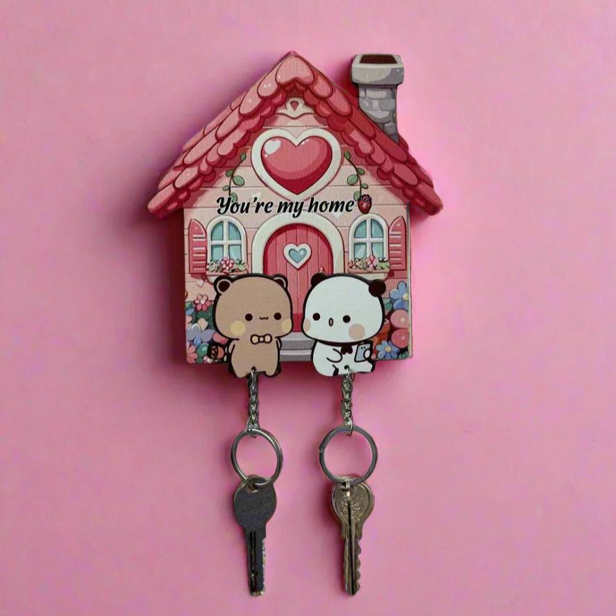 Custom Cute Bear Couple Keychain Holder Personalized Cute Bear Wall Key Hanger High-Quality Wood Bear Key Organizer