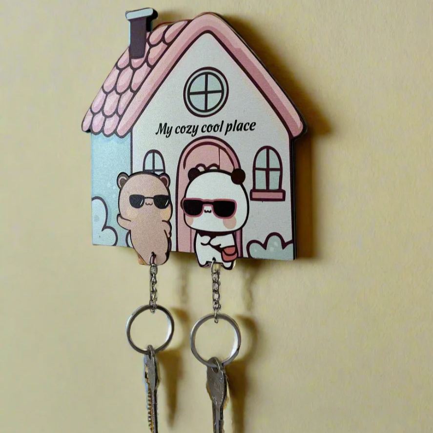 Custom "My Cozy Place" Bear Couple Keychain Holder Personalized Puzzle-Style Key Holder Set Premium Wood Entryway Decor