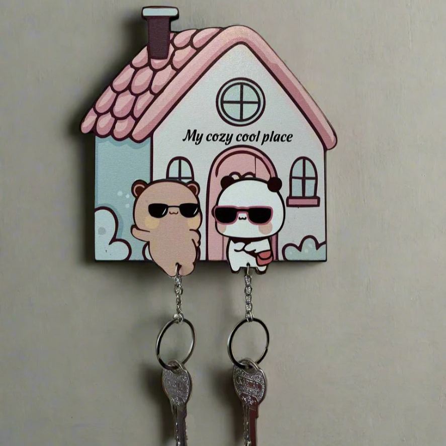 Custom "My Cozy Place" Bear Couple Keychain Holder Personalized Puzzle-Style Key Holder Set Premium Wood Entryway Decor