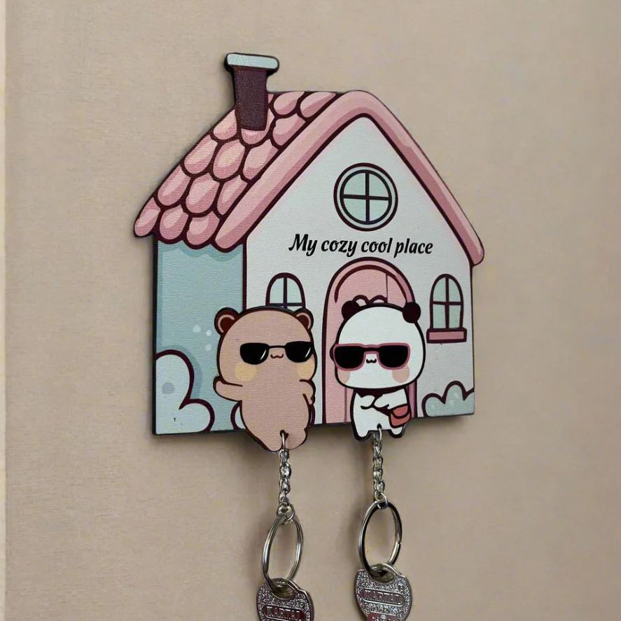 Custom "My Cozy Place" Bear Couple Keychain Holder Personalized Puzzle-Style Key Holder Set Premium Wood Entryway Decor