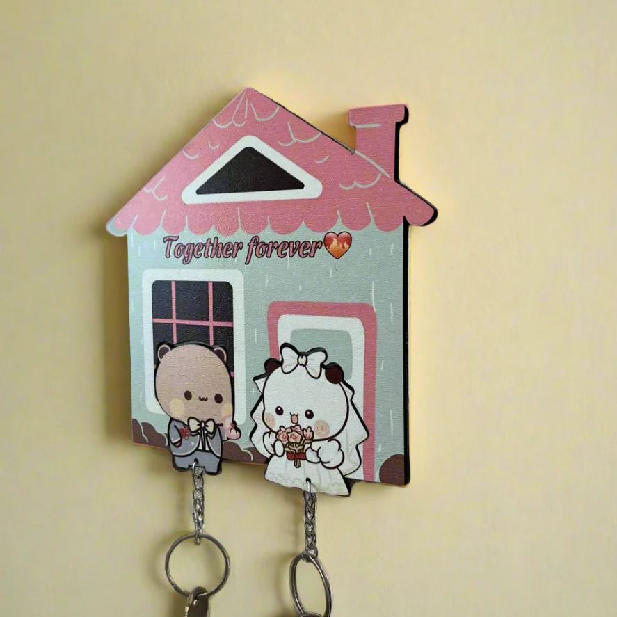 Custom "Together" Bear Couple Keychain Holder Personalized High-Quality Wood Key Organizer Premium Wood Entryway Decor