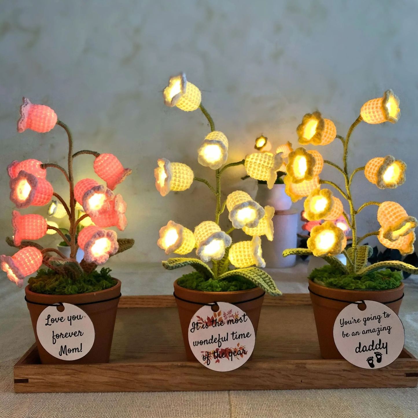 Customizable Card Handmade Lily of the Valley Night Light Personalized Potted Crochet Flower Lamp Handmade Crochet Flower Night Light