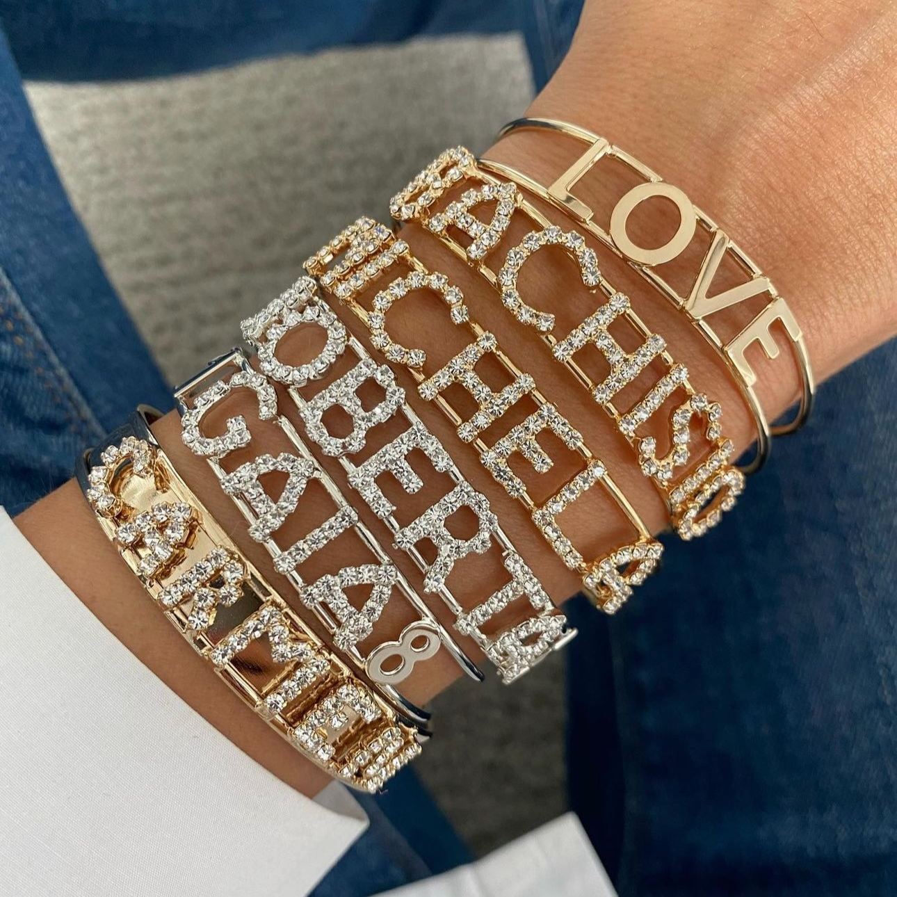 Custom Name Bracelet Custom Word Rhinestone Bangle Pave Rhinestone Bracelet Sparkling Clear Crystal Letter Bracelet