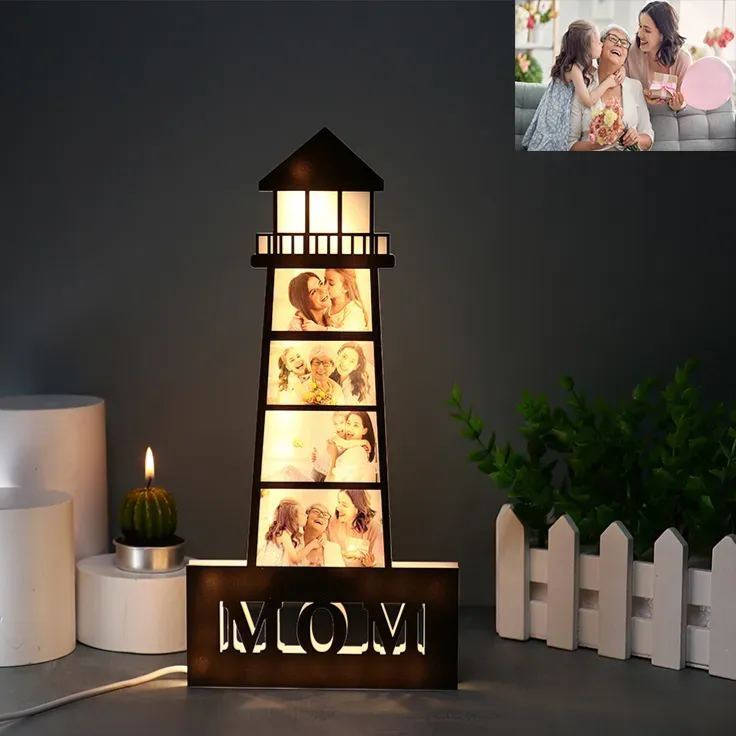 Personalized Photo Lighthouse Night Light Custom Family Photo LED Lamp Acrylic Family Keepsake Decor Mother’s Day Birthday Gift for Mom