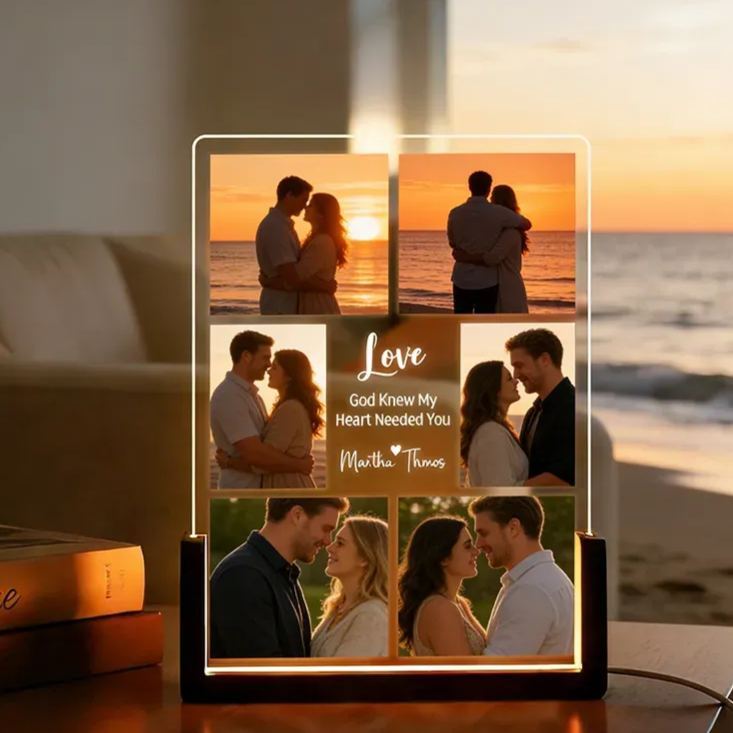 Personalized God Knew My Heart Needed You 6 Photos Acrylic LED Night Light with Custom Name Text and Wooden Base Valentine's Day Gift for Couple