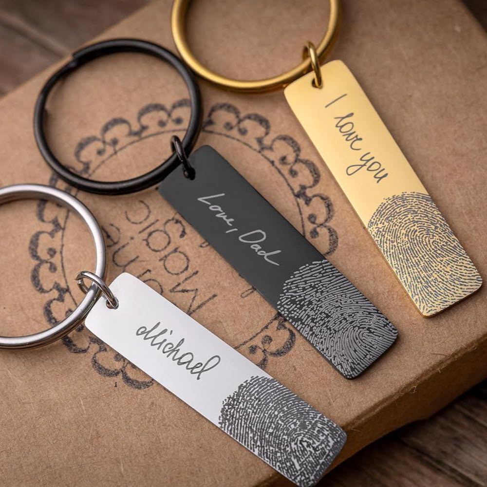 Personalized Fingerprint and Handwriting Memorial Keychain Engraved Real Thumbprint Signature Keyring Custom Inscription Grief Gift
