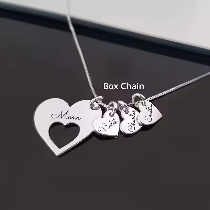 Personalized Family Heart Necklace – Large Pendant with Optional Kids’ Name Mini Heart Charms for Moms