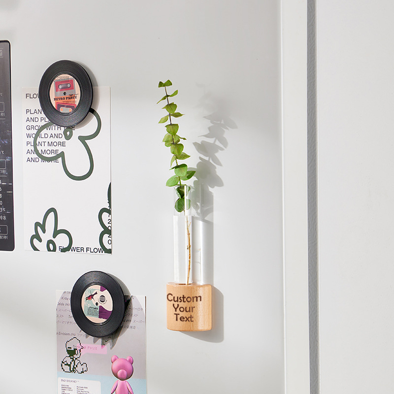 Customized Wood-Colored Refrigerator Magnets Personalized Magnetic Test Tube Vase Flower Holder Creative Decorative Wall-Mounted Hydroponic Vase