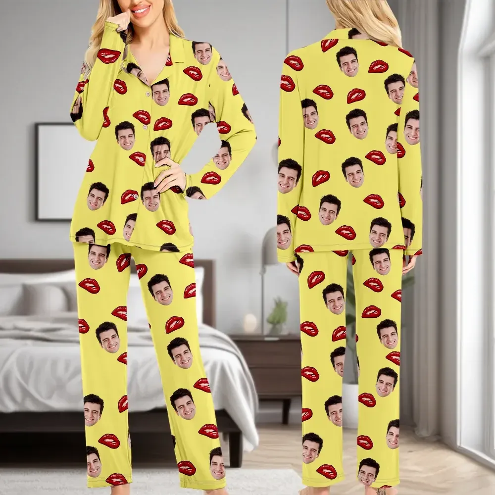 Custom Face Long Sleeve Pajamas Custom Red Lips Photo Pajamas