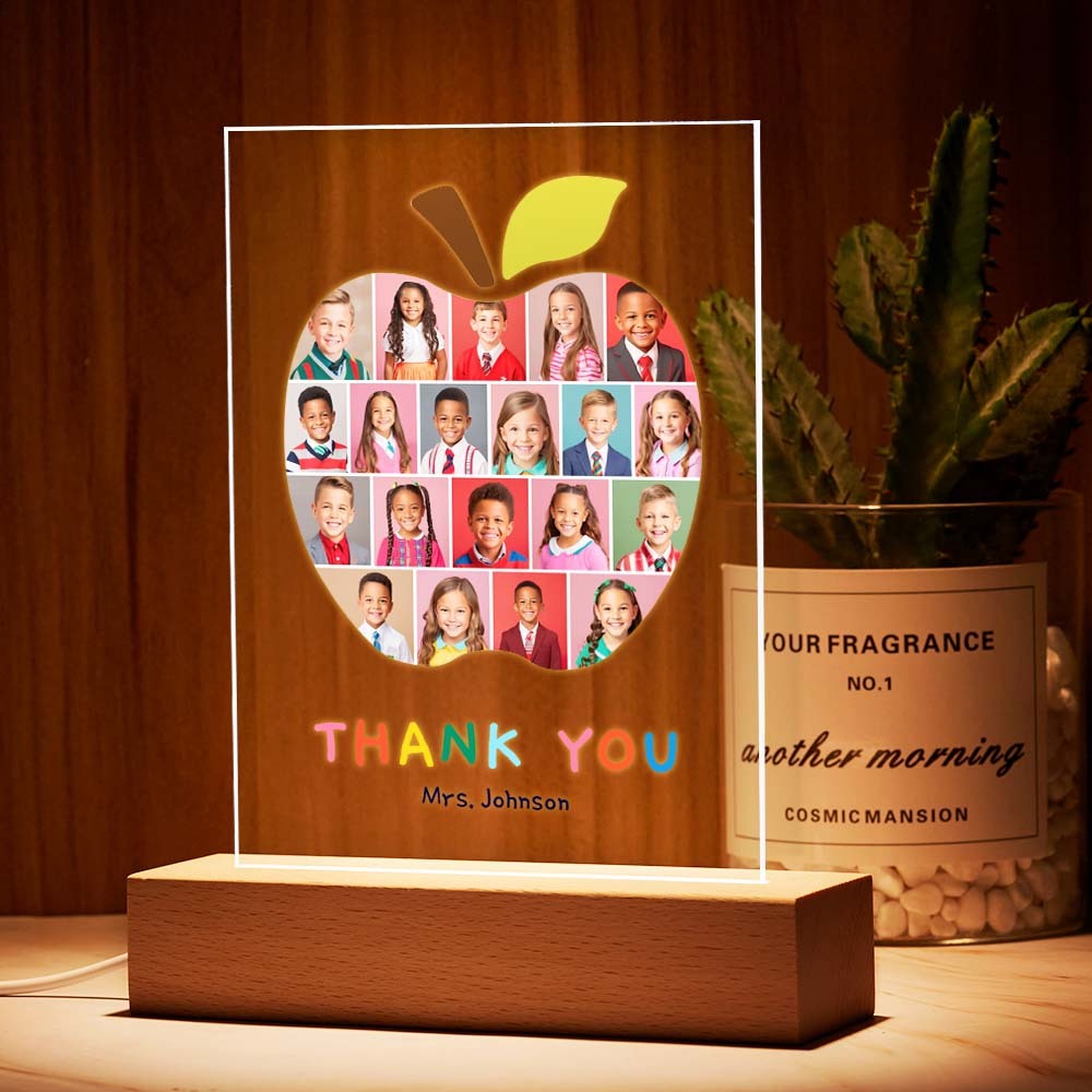 Personalized Teacher Appreciation Night Light Custom Class Photo LED Lamp Apple Shaped Thank You Gift for Teachers End of Year Class Keepsake