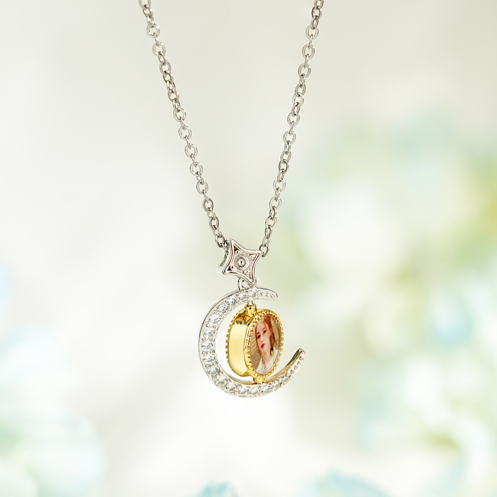 Personalized Moon & Sun Spinner Photo Necklace Custom Two-Photo Flip Necklace Celestial Photo Rotating Necklace Valentine's Day Gift for Her