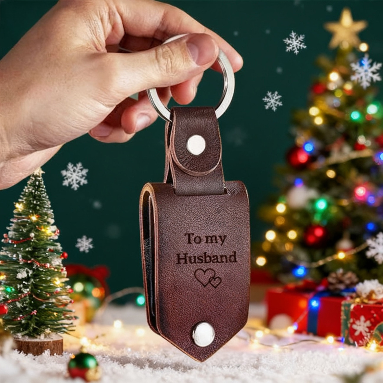 Custom Leather Photo Text Keychain Anniversary Gift For Couple