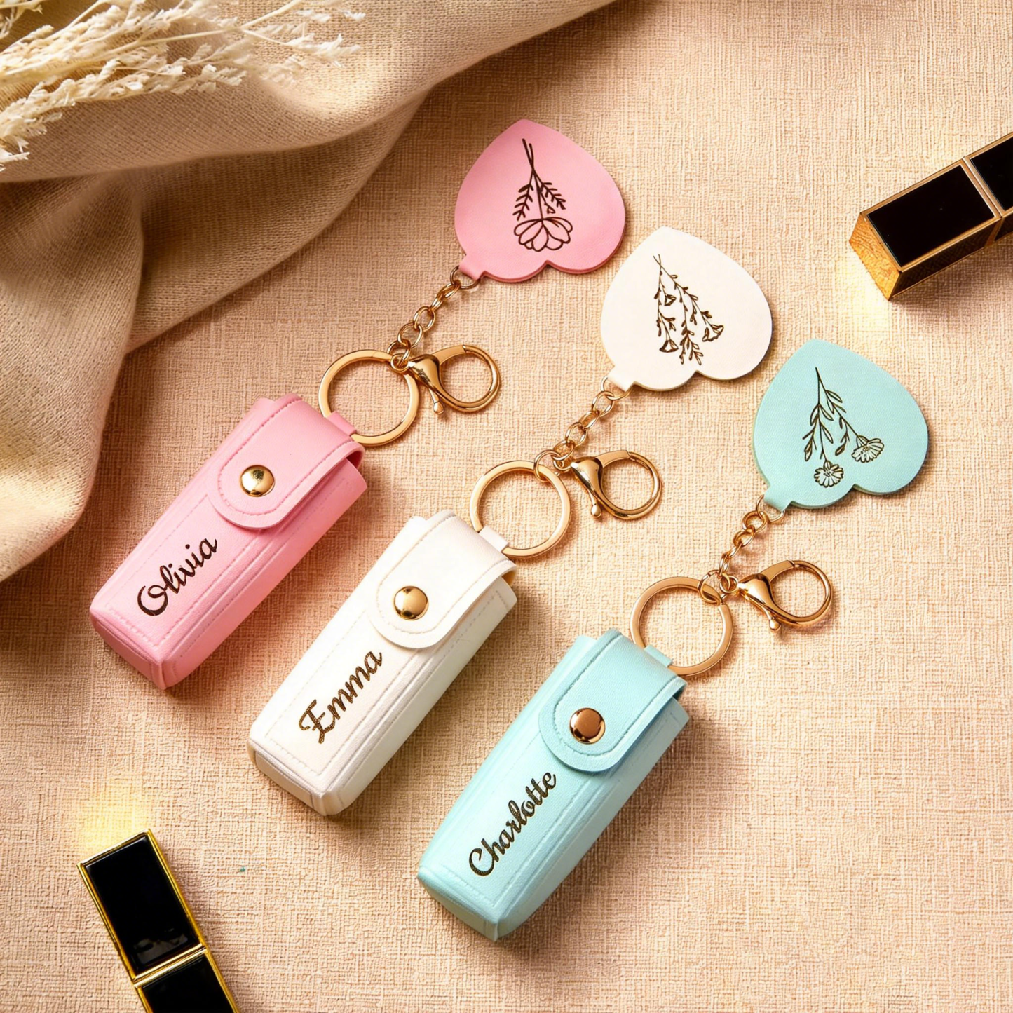 Personalized Lipstick Bag Keychain Custom Name Anti Lost Lipstick Storage Bag Lipstick Case with Mirror Gift for Her