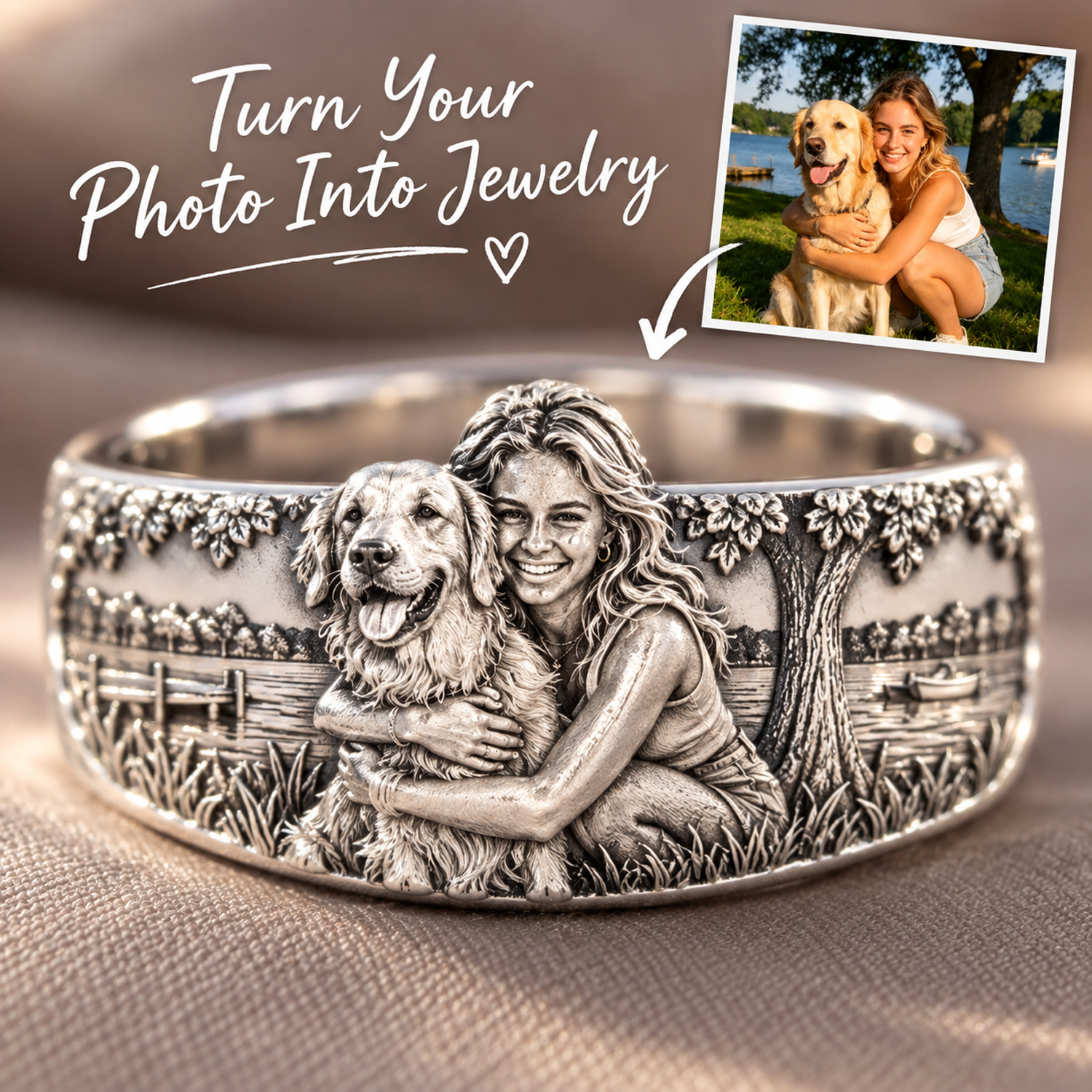 Personalized S925 Sterling Silver 3D Pet Ring, Custom Photo to 3D Sculpted Dog & Cat Animal Ring, Custom Scene Unique Pet Mom Keepsake Jewelry