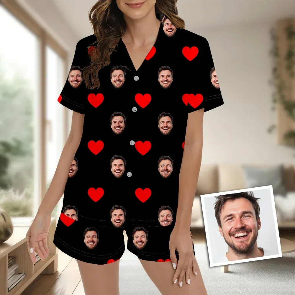 Custom Face Short Sleeve Pajamas Custom Red Heart Photo Pajamas