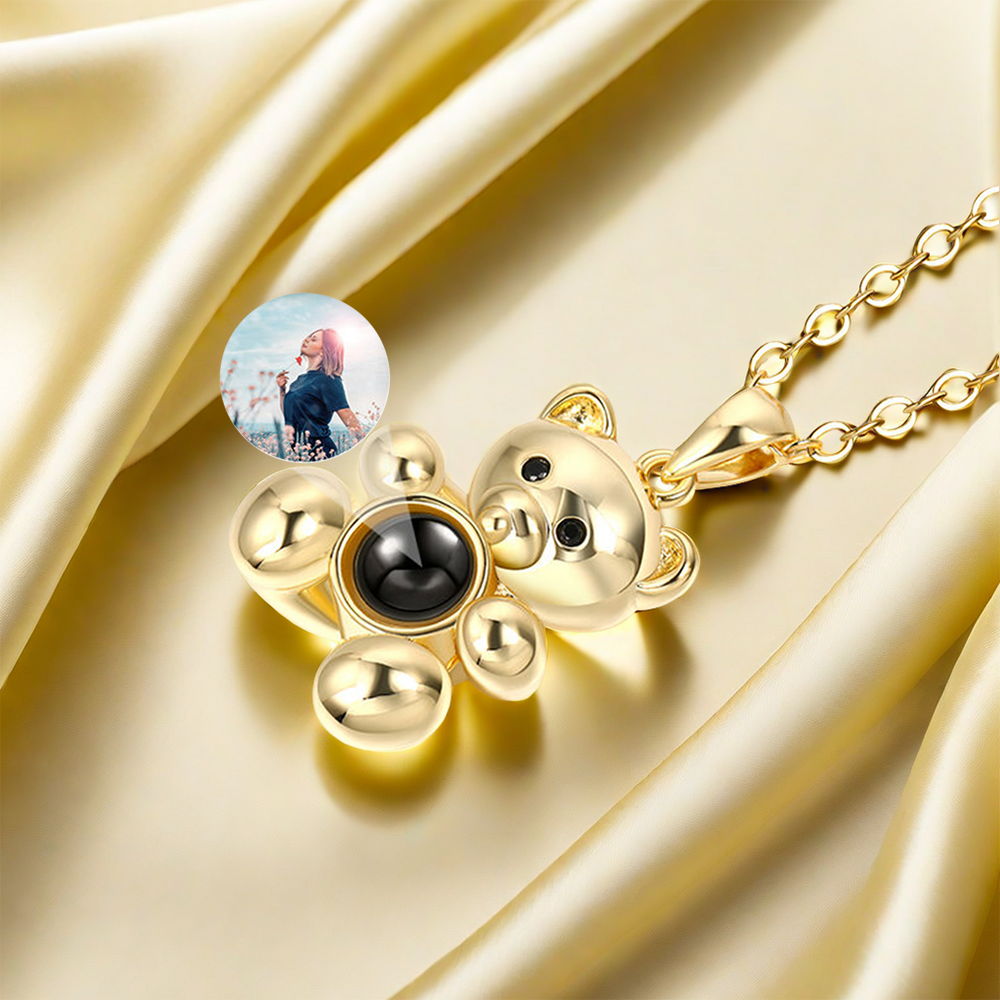 "Fall in Love" Teddy Bear Personalized Photo Projection Sterling Silver Necklace