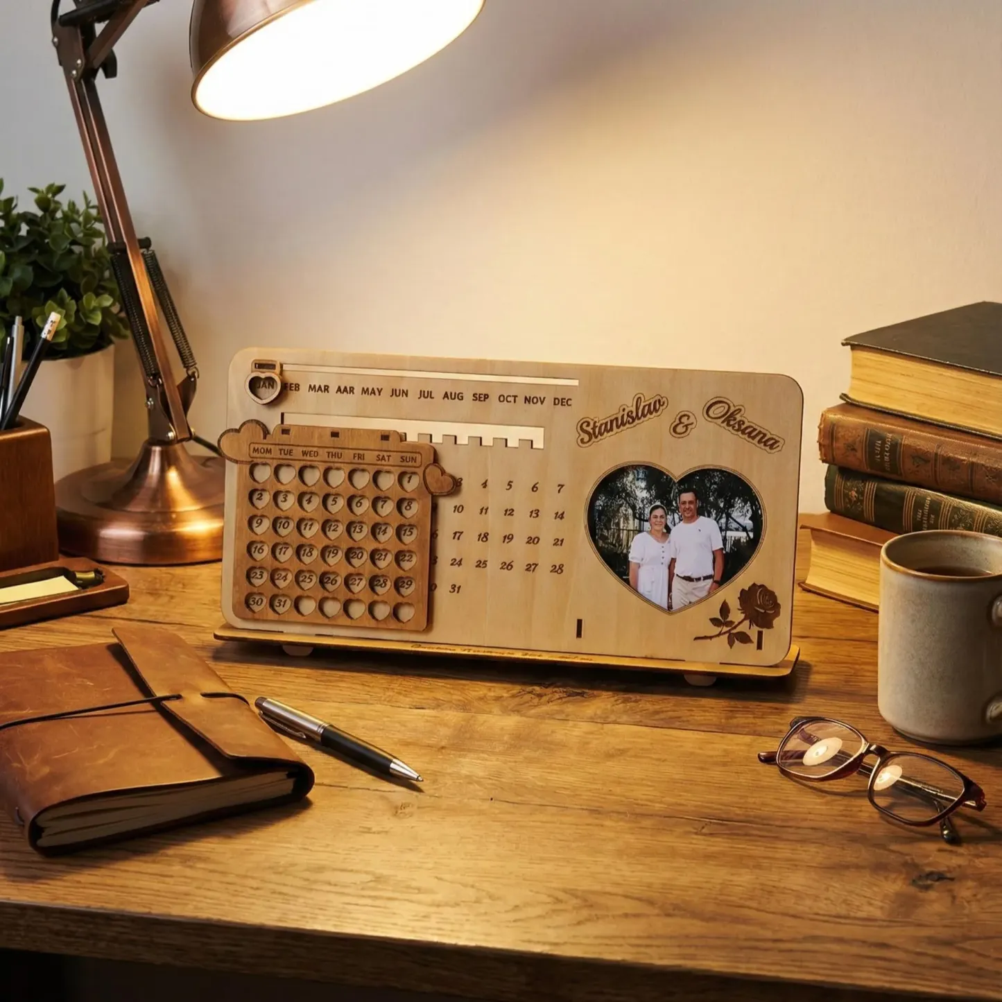 Personalized Photo Perpetual Calendar Custom Infinity Wooden Calendar Engraved Timeless Wooden Perpetual Calendar for Couples Romantic Valentine's Day Gift