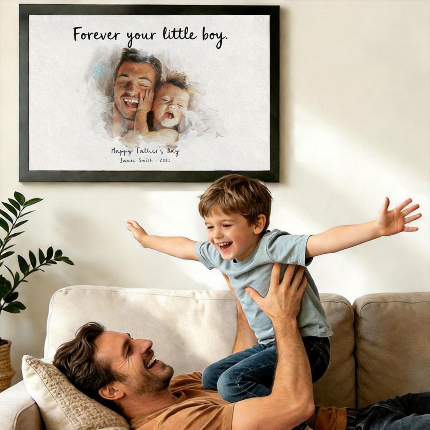 Personalized Father's Day Photo Frame Custom Oil Painting Print Wood Frame Gift for Dad