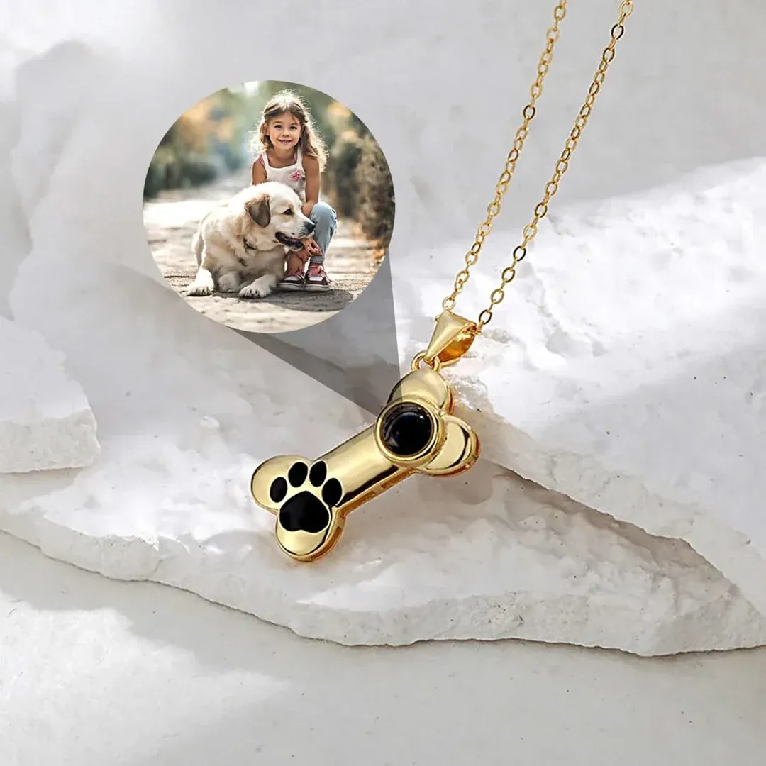 Personalized Dog Bone Projection Necklace with Custom Photo Inside  Unique Pet Memory Keepsake Gift
