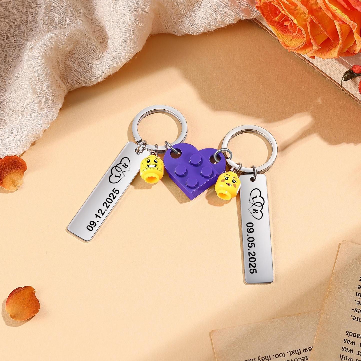 Personalized Building Block Heart KeychainCustom Engraved Couple Keychain Set Stamped Heart Puzzle Keychain Valentine's Day Gifts