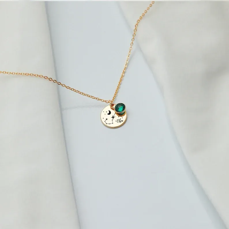 Personalized Zodiac Necklace with Birthstone, Dainty Constellation Jewelry, Custom Astrology Gift for Her, Minimalist Gold Finish Necklace