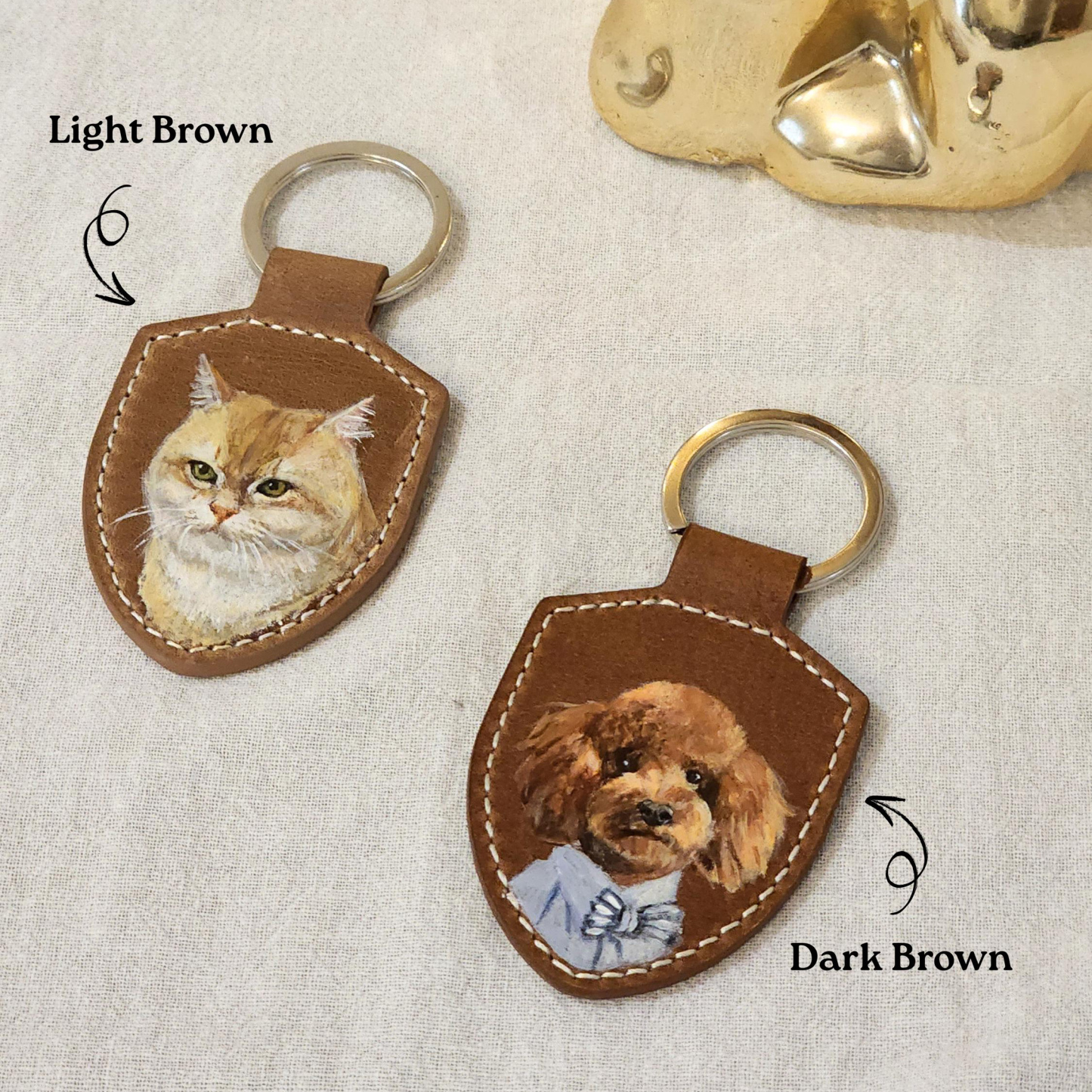Hand Painted Leather Pet Portrait Keychain Custom Dog Cat Painting Leather Keyring Personalized Pet Memorial Key Fob