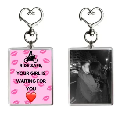 Photo Insert Motorcycle Keychain With Kiss Mark Design - Personalized Couple Gift