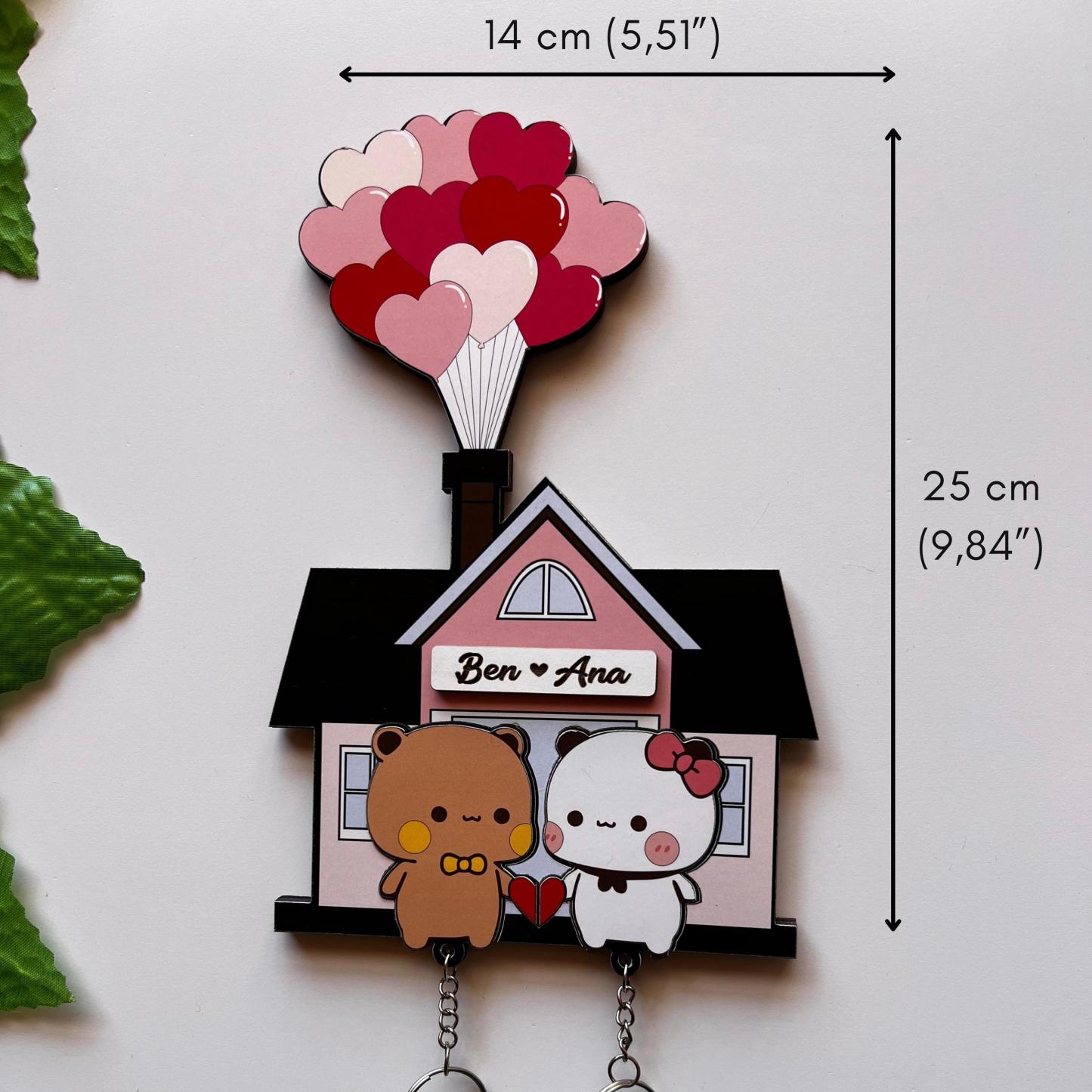 Personalized Cute Bear Couple Key Holder  Wooden House Key Organizer for Two Custom Name Couple Key Holder