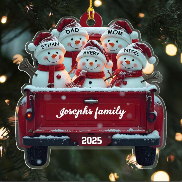 Personalized Snowman Family Christmas Ornament, Red Truck Christmas Ornament Snowman Ornament & Custom Name Ornament
