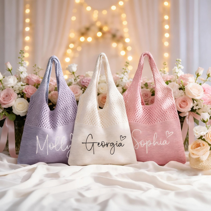 Personalized Name Crochet Tote Bag Custom Script Name Crochet Shoulder Bag Hand Knit Summer Beach Bag Gifts for Her - namenecklace
