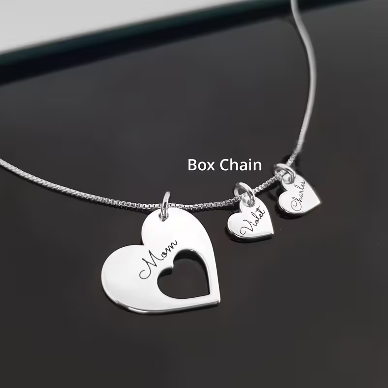 Personalized Family Heart Necklace – Large Pendant with Optional Kids’ Name Mini Heart Charms for Moms