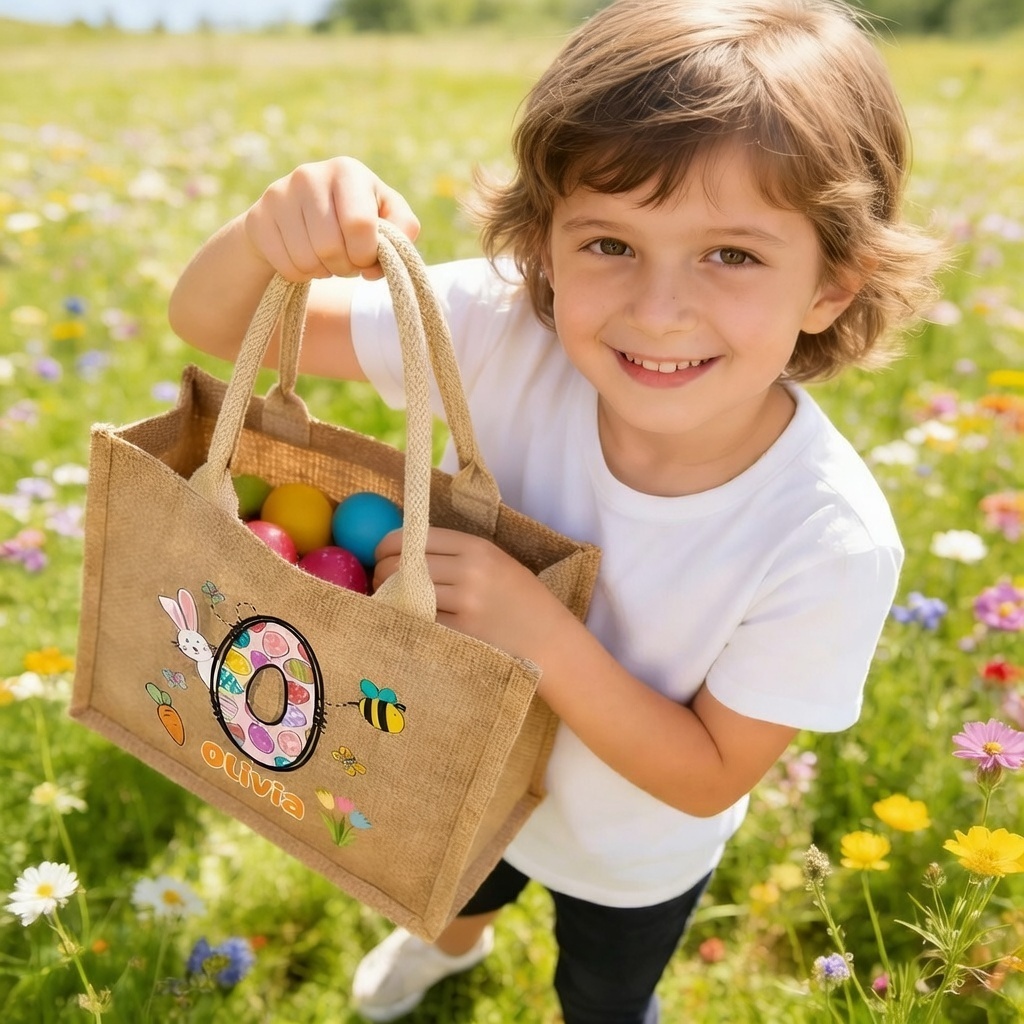 Personalized Easter Egg Initial Bunny Jute Tote Bag Custom Easter Egg Hunting Bag With Custom Name Gifts for Kids